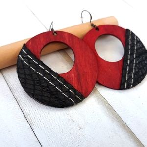 Burgundy/Round Hoop/ Laser Cut /Wood Earrings